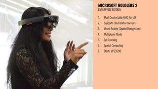 MICROSOFT HOLOLENS 2
ENTERPRISE EDITION
1. Most Comfortable HMD for MR
2. Supports cloud and AI services
3. Mixed Reality (Spatial Recognition)
4. Multiplayer Mode
5. Eye Tracking
6. Spatial Computing
7. Starts at $3500
 