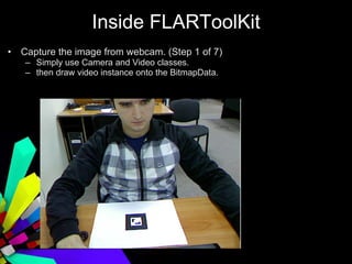 Inside FLARToolKit <ul><li>Capture the image from webcam. (Step 1 of 7) </li></ul><ul><ul><li>Simply use Camera and Video ...