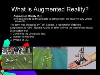 What is Augmented Reality? <ul><li>Augmented Reality (AR) </li></ul><ul><li>term referring to all the projects to compleme...