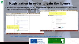 Registration in order to gain the license
● Without the registration you can use Augmented Reality for at most 30 seconds per sesson.
The license allows to use many functions.

http://www.inglobetechnologies.com/en/new_products/api/register.php

 