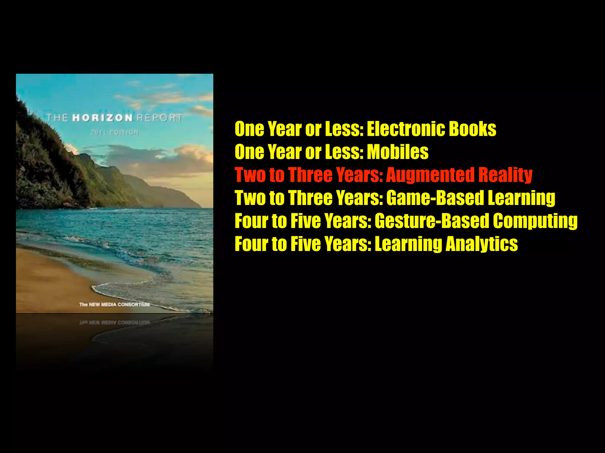 One Year or Less: Electronic Books
One Year or Less: Mobiles
Two to Three Years: Augmented Reality
Two to Three Years: Game-Based Learning
Four to Five Years: Gesture-Based Computing
Four to Five Years: Learning Analytics
 