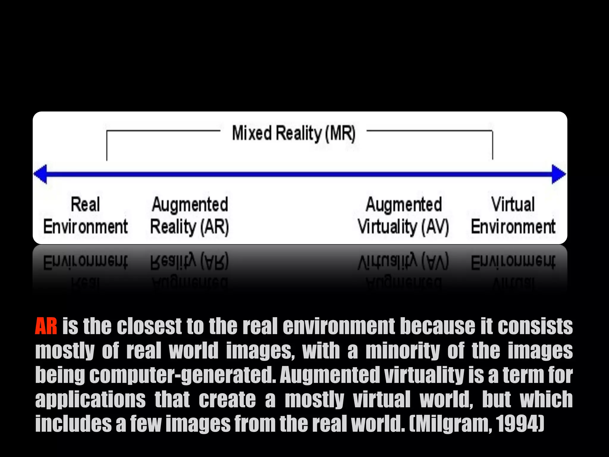 AR is the closest to the real environment because it consists
mostly of real world images, with a minority of the images
being computer-generated. Augmented virtuality is a term for
applications that create a mostly virtual world, but which
includes a few images from the real world. (Milgram, 1994)
 