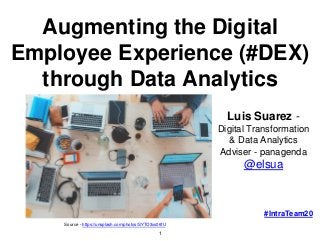 Augmenting the Digital
Employee Experience (#DEX)
through Data Analytics
Luis Suarez -
Digital Transformation
& Data Analytics
Adviser - panagenda
@elsua
Source - https://unsplash.com/photos/SYTO3xs06fU
1
#IntraTeam20
 