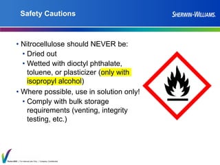 Thrive 2025 | For Internal Use Only | Company Confidential
Safety Cautions
• Nitrocellulose should NEVER be:
• Dried out
• Wetted with dioctyl phthalate,
toluene, or plasticizer (only with
isopropyl alcohol)
• Where possible, use in solution only!
• Comply with bulk storage
requirements (venting, integrity
testing, etc.)
 