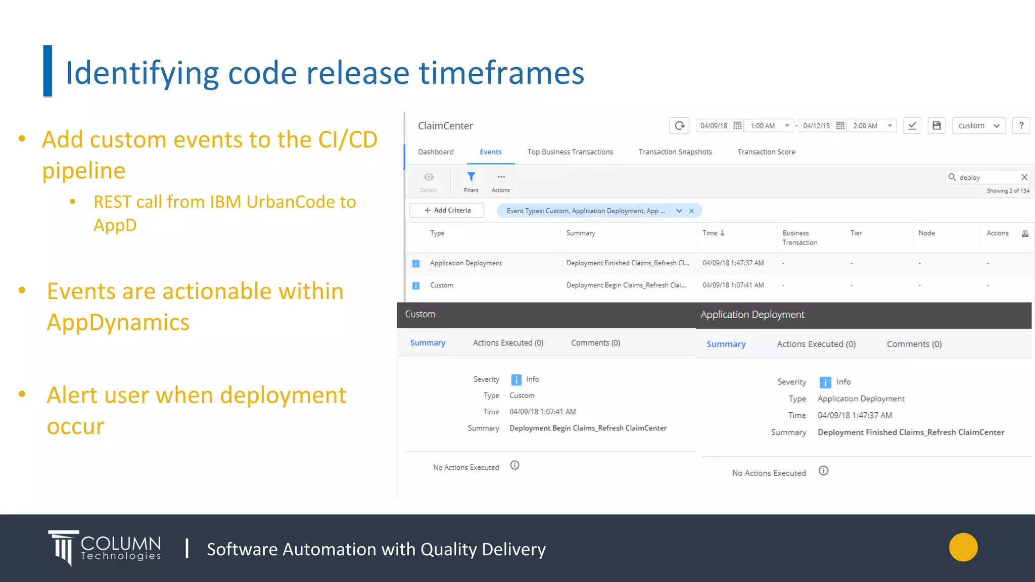 Software Automation with Quality Delivery
Identifying code release timeframes
• Add custom events to the CI/CD
pipeline
▪ REST call from IBM UrbanCode to
AppD
• Events are actionable within
AppDynamics
• Alert user when deployment
occur
 