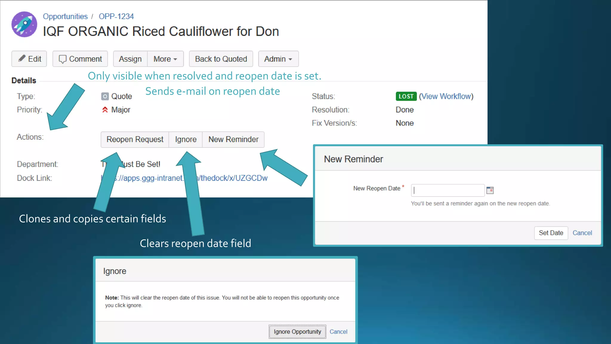 Only visible when resolved and reopen date is set.
Clones and copies certain fields
Clears reopen date field
Sends e-mail on reopen date
 