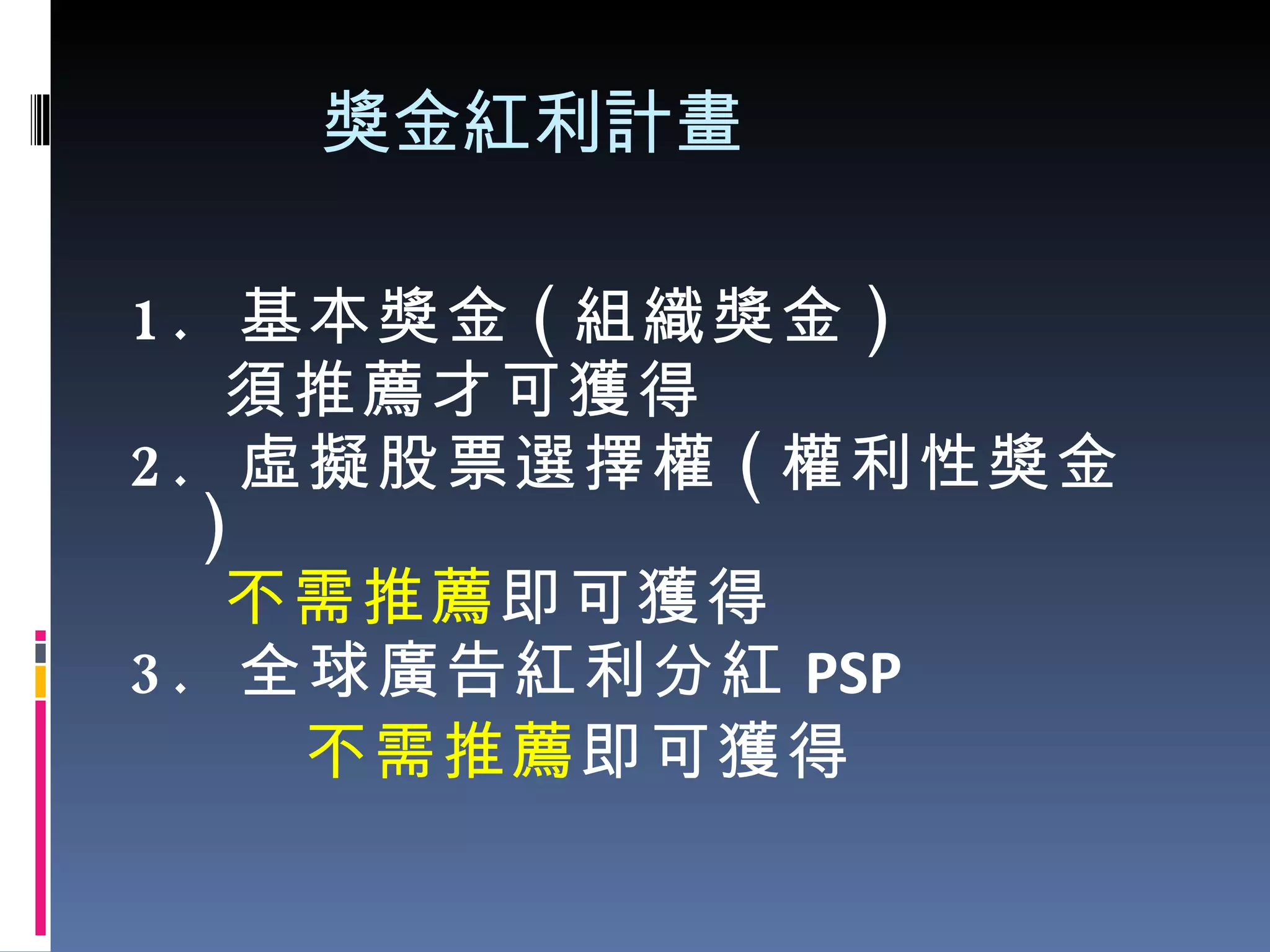 獎金紅利計畫 1.  基本獎金 ( 組織獎金 ) 須推薦才可獲得 2.  虛擬股票選擇權 ( 權利性獎金 ) 不需推薦 即可獲得 3.  全球廣告紅利分紅 PSP 不需推薦 即可獲得 