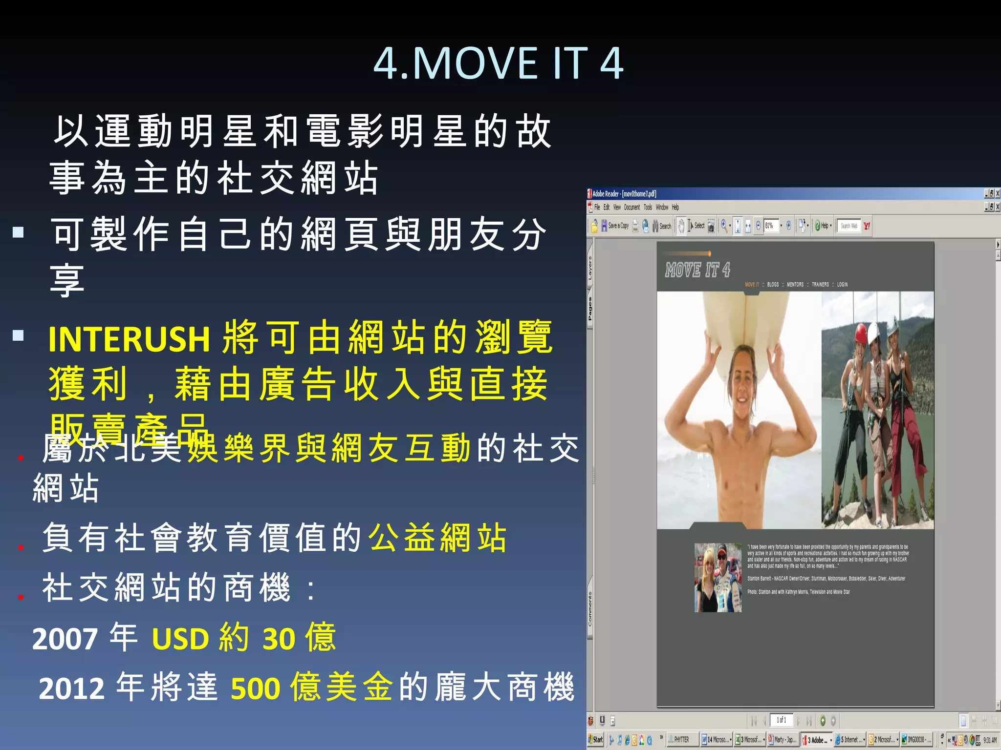 4.MOVE IT 4 以運動明星和電影明星的故事為主的社交網站 可製作自己的網頁與朋友分享 INTERUSH 將可由網站的瀏覽獲利，藉由廣告收入與直接販賣產品 .  屬於北美 娛樂界與網友互動 的社交網站 .  負有社會教育價值的 公益網站 .  社交網站的商機： 2007 年 USD 約 30 億 　 2012 年將達 500 億美金 的龐大商機 