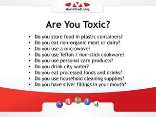 Are You Toxic?Do you store food in plastic containers?Do you eat non-organic meat or dairy?Do you use a microwave?Do you use Teflon / non-stick cookware?Do you use personal care products?Do you drink city water?Do you eat processed foods and drinks?Do you use household cleaning supplies?Do you have silver fillings in your mouth?