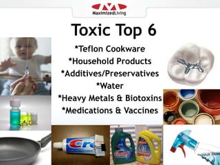 Toxic Top 6*Teflon Cookware*Household Products*Additives/Preservatives*Water*Heavy Metals & Biotoxins*Medications & Vaccines