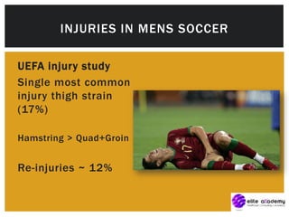 UEFA injury study
Single most common
injury thigh strain
(17%)
Hamstring > Quad+Groin
Re-injuries ~ 12%
INJURIES IN MENS SOCCER
 