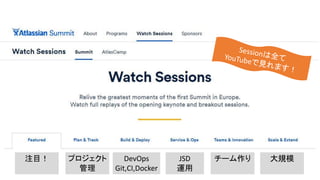 注目！ プロジェクト
管理
DevOps
Git,CI,Docker
JSD
運用
チーム作り 大規模
 