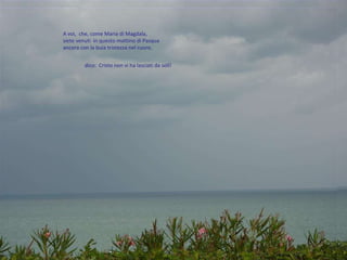 A voi,  che, come Maria di Magdala,  siete venuti  in questo mattino di Pasqua  ancora con la buia tristezza nel cuore,  dico:  Cristo non vi ha lasciati da soli!  