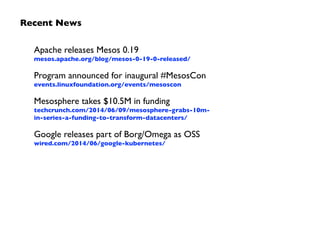 Recent News
Apache releases Mesos 0.19 
mesos.apache.org/blog/mesos-0-19-0-released/	

Program announced for inaugural #Me...