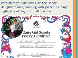 With all of your activities like the Daddy-Daughter dance, camping with girl scouts, bingo night, school plays, softball practice………  