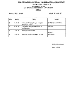 MAHATMA GANDHI MEDICAL COLLEGE&RESEARCH INSTITUTE
Pillyarkuppam.Puducherry.
DEPARTMENT OF ENT
U.G TEACHING SCHEDULE FOR 6th
& 7TH
SEMESTER
THROAT
Time: 8.30-9.30 am MONTH: AUGUST
DR.P.KARTHIKEYAN
PROF& HOD
S.No DATE TOPIC FACULTY
1. 01.08.16 Tumours of hypo pharynx and para
pharyngeal tumor
Prof.Dr.Gopalakrishnan
2. 08.08.16 Benign and malignant tumours of
Nasopharynx
Dr.Davis
3. 22.08.16 Neck space infections
Dr.Bini
4. 29.08.16 Anatomy and Physiology of Larynx Dr. Bakshi
 