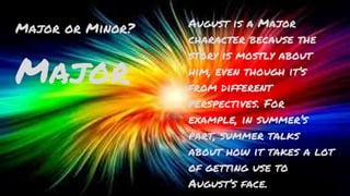 Major or Minor?
Major
August is a Major
character because the
story is mostly about
him, even though it’s
from different
perspectives. For
example, in summer’s
part, summer talks
about how it takes a lot
of getting use to
August’s face.
 