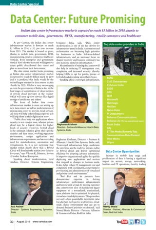 30 August 2016 www.varindia.com
Data Center: Future Promising
Indian data center infrastructure market is expected to reach $5 billion in 2018, thanks to
consumer mobile data, government, BFSI, manufacturing, retail/e-commerce and healthcare
As per Gartner, the Indian data center
infrastructure market is forecast to reach
$2 billion in 2016, a 5.2 per cent increase
from 2015. The market is bound to grow,
thanks to mobile data, government, BFSI,
manufacturing, retail/e-commerce, healthcare
verticals. Even enterprise and government
vertical have shown increased willingness to
adopt public cloud-hosted data center and
plan to move from local data centers.
The data center market looks promising
as Indian data center infrastructure market
is expected to touch $5-billion mark by 2018
and it is predicted that India would be the
second-largest market for data centers in Asia
-Pacific by 2020. All this is very encouraging
as even the government of India is also in the
final stages of accreditation of cloud services
of private cloud providers in the country
which will open up new services like digital
storage of certificates and others.
The focus of Indian data center
infrastructure market is more on setting up
new data centers as well as modernization of
existing data center to provide cloud services.
All these will help in benefiting corporate as it
will help them in their digitization story.
“Public cloud may suit applications where
security is not a major issue, whereas private
cloud may be a logical choice for higher
levels of security. However, hybrid cloud
is the optimum solution given their specific
security and data issues, evolving regulatory
environment, unique application and
infrastructurerequirements,andanoverriding
need for standardization, automation and
virtualization. So it is not surprising that
market trends clearly show that a hybrid
Cloud will dominate the market over the next
five years,” says Vikram K, Director, Servers
- Hewlett Packard Enterprise.
Speaking about modernization, Atul
Anchan, Director- Systems Engineering,
Symantec India, said, "Data center
modernization is one of the key drivers for
infrastructure spend in India. Automation and
orchestration are becoming high priorities
for businesses in India. Software-defined
infrastructures, and an increased focus on
disaster recovery and business continuity has
also increased spend on infrastructure."
Modernization of existing data centers will
also help in reducing IT management cost,
complexity and increased security, thereby
helping CIOs to opt for public, private or
hybrid cloud depending upon their choice.
Speaking about converged infrastructure,
Raghuram Krishnan, Director – Partners &
Alliances, Hitachi Data Systems, India, said,
"Converged infrastructure helps modernize
the enterprise and be ready for private, public
or hybrid clouds and deliver operational
efficiency by adopting advance automation.
It improves organizational agility by quickly
deploying new applications and services
that respond to changes in business needs.
It also helps reduce IT management cost and
complexity with coordinated, comprehensive
provisioning and administration of virtualized
and private cloud environments."
"Red Hat and its partners have
demonstrated expertise in driving
infrastructure performance enhancements
and historic cost savings by moving customer
data centers from silos of mismatched legacy
equipment to a streamlined, standardized,
open platform that is optimized for physical,
virtualandclouddeployments.Thisprocedure
not only offers quantifiable short-term value
but also lays the basis for a self-service, cloud-
ready, elastic environment that can act to
dynamic business priorities on demand," said
Neeraj Bhatia, Director - Partners, Alliances
& Commercial Sales, Red Hat India.
Data Center Opportunities
Increase in mobile data usage and
proliferation of data is having a significant
impact on servers, storage, networking,
facilities and IT operations, thereby leading
Raghuram Krishnan
Director – Partners & Alliances, Hitachi Data
Systems, India
Neeraj Bhatia
Director - Partner, Alliances & Commercial
Sales, Red Hat India
Atul Anchan
Director - Systems Engineering, Symantec
India
Top data center providers in India
·		BSNL
·		CtrlS Datacenters
·		Cyfuture India
·		ESDS
·		GPX
·		IBM
·		Microsoft
·		Netmagic
·		NxtGen
·		Nxtra Data
·		Pi Datacenters
·		Reliance Communications
·		Reliance Jio (To be operational soon)
·		Ricoh India
·		Sify
·		ST Tele Media (formerly Tata
Communications Data Centers)
·		Web Werks
·		Wipro
Data Center Special
 