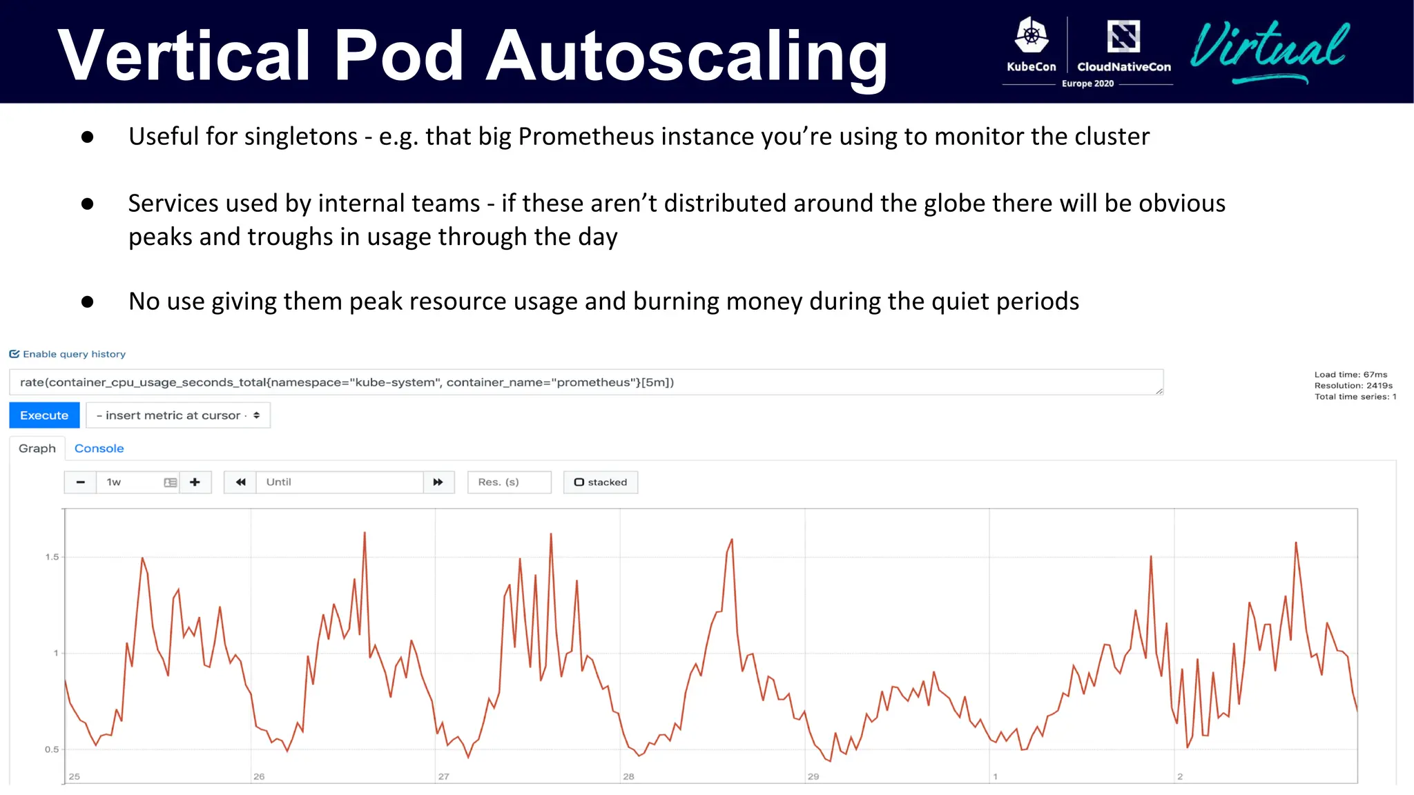 Vertical Pod Autoscaling
● Useful for singletons - e.g. that big Prometheus instance you’re using to monitor the cluster
● Services used by internal teams - if these aren’t distributed around the globe there will be obvious
peaks and troughs in usage through the day
● No use giving them peak resource usage and burning money during the quiet periods
 