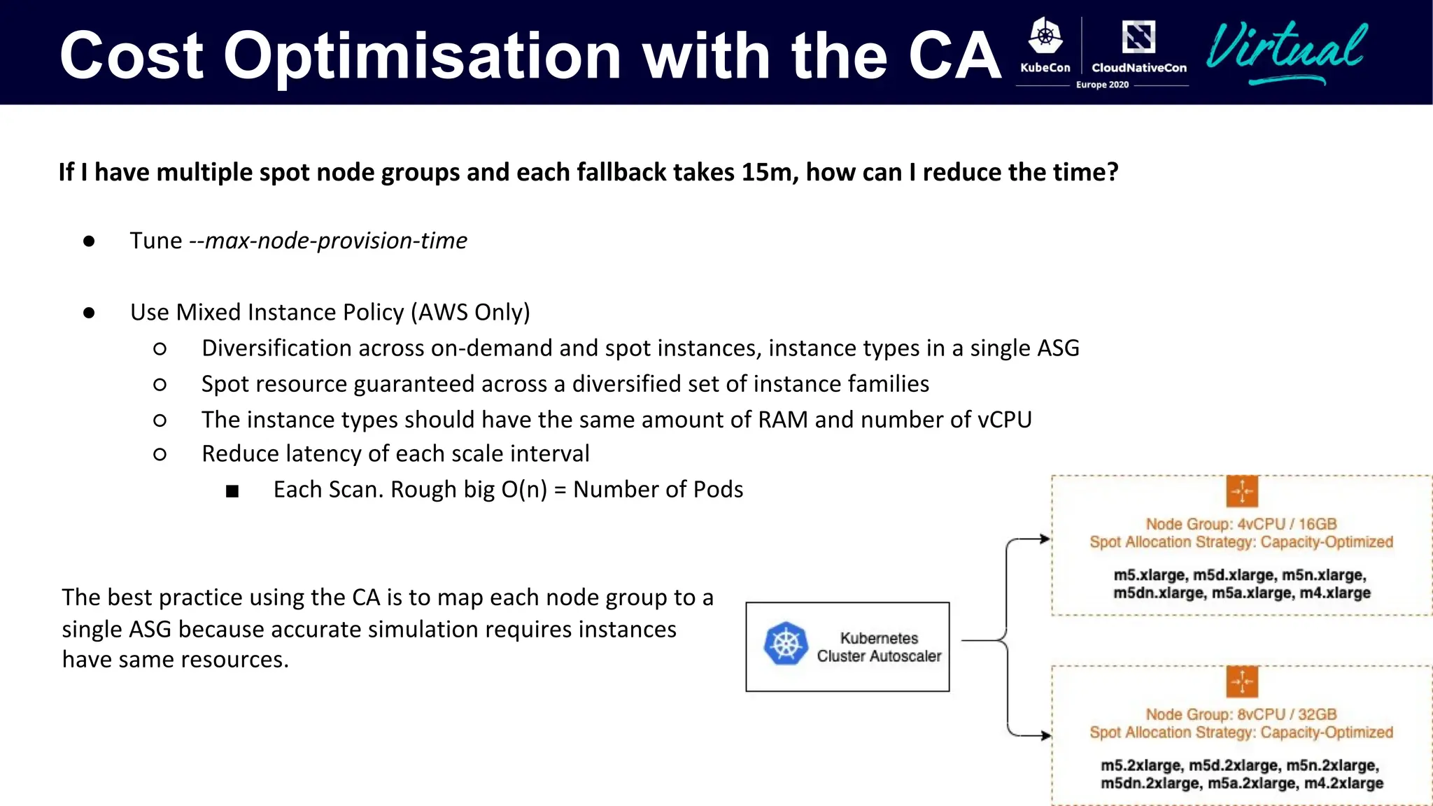 Cost Optimisation with the CA
If I have multiple spot node groups and each fallback takes 15m, how can I reduce the time?
● Tune --max-node-provision-time
● Use Mixed Instance Policy (AWS Only)
○ Diversification across on-demand and spot instances, instance types in a single ASG
○ Spot resource guaranteed across a diversified set of instance families
○ The instance types should have the same amount of RAM and number of vCPU
○ Reduce latency of each scale interval
■ Each Scan. Rough big O(n) = Number of Pods * Number of node groups
The best practice using the CA is to map each node group to a
single ASG because accurate simulation requires instances
have same resources.
 