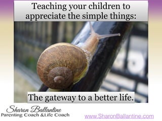 www.SharonBallantine.com
Teaching your children to
appreciate the simple things:
The gateway to a better life.
 