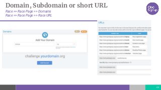 42
Domain, Subdomain or short URL
Race >> Race Page >> Domains
Race >> Race Page >> Race URL
 