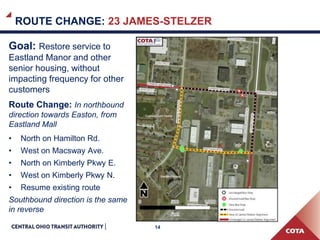14
ROUTE CHANGE: 23 JAMES-STELZER
Goal: Restore service to
Eastland Manor and other
senior housing, without
impacting frequency for other
customers
Route Change: In northbound
direction towards Easton, from
Eastland Mall
• North on Hamilton Rd.
• West on Macsway Ave.
• North on Kimberly Pkwy E.
• West on Kimberly Pkwy N.
• Resume existing route
Southbound direction is the same
in reverse
 