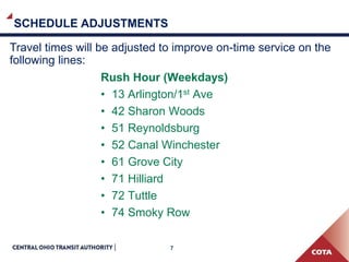 7
SCHEDULE ADJUSTMENTS
Travel times will be adjusted to improve on-time service on the
following lines:
Rush Hour (Weekdays)
• 13 Arlington/1st Ave
• 42 Sharon Woods
• 51 Reynoldsburg
• 52 Canal Winchester
• 61 Grove City
• 71 Hilliard
• 72 Tuttle
• 74 Smoky Row
 