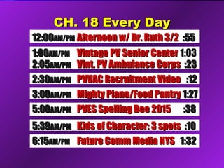 CH. 18 Every DayCH. 18 Every Day
5:005:00AM/PMAM/PM PVES Spelling Bee 2015PVES Spelling Bee 2015 :38:38
5:395:39AM/PMAM/PM Kids of Character: 3 spotsKids of Character: 3 spots :10:10
6:156:15AM/PMAM/PM Future Comm Media NYSFuture Comm Media NYS 1:321:32
12:0012:00AM/PMAM/PM Afternoon w/ Dr. Ruth 3/2Afternoon w/ Dr. Ruth 3/2 :55:55
1:001:00AM/PMAM/PM Vintage PV Senior CenterVintage PV Senior Center 1:031:03
2:052:05AM/PMAM/PM Vint. PV Ambulance CorpsVint. PV Ambulance Corps :23:23
2:302:30AM/PMAM/PM PVVAC Recruitment VideoPVVAC Recruitment Video :12:12
3:003:00AM/PMAM/PM Mighty Piano/Food PantryMighty Piano/Food Pantry 1:271:27
 