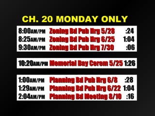 CH. 20 MONDAY ONLYCH. 20 MONDAY ONLY
8:008:00AM/PMAM/PM Zoning Bd Pub Hrg 5/28Zoning Bd Pub Hrg 5/28 :24:24
8:258:25AM/PMAM/PM Zoning Bd Pub Hrg 6/25Zoning Bd Pub Hrg 6/25 1:041:04
9:309:30AM/PMAM/PM Zoning Bd Pub Hrg 7/30Zoning Bd Pub Hrg 7/30 :06:06
10:2010:20AM/PMAM/PM Memorial Day Cerem 5/25Memorial Day Cerem 5/25 1:261:26
1:001:00AM/PMAM/PM Planning Bd Pub Hrg 6/8Planning Bd Pub Hrg 6/8 :28:28
1:291:29AM/PMAM/PM Planning Bd Pub Hrg 6/22Planning Bd Pub Hrg 6/22 1:041:04
2:042:04AM/PMAM/PM Planning Bd Meeting 8/10Planning Bd Meeting 8/10 :16:16
 