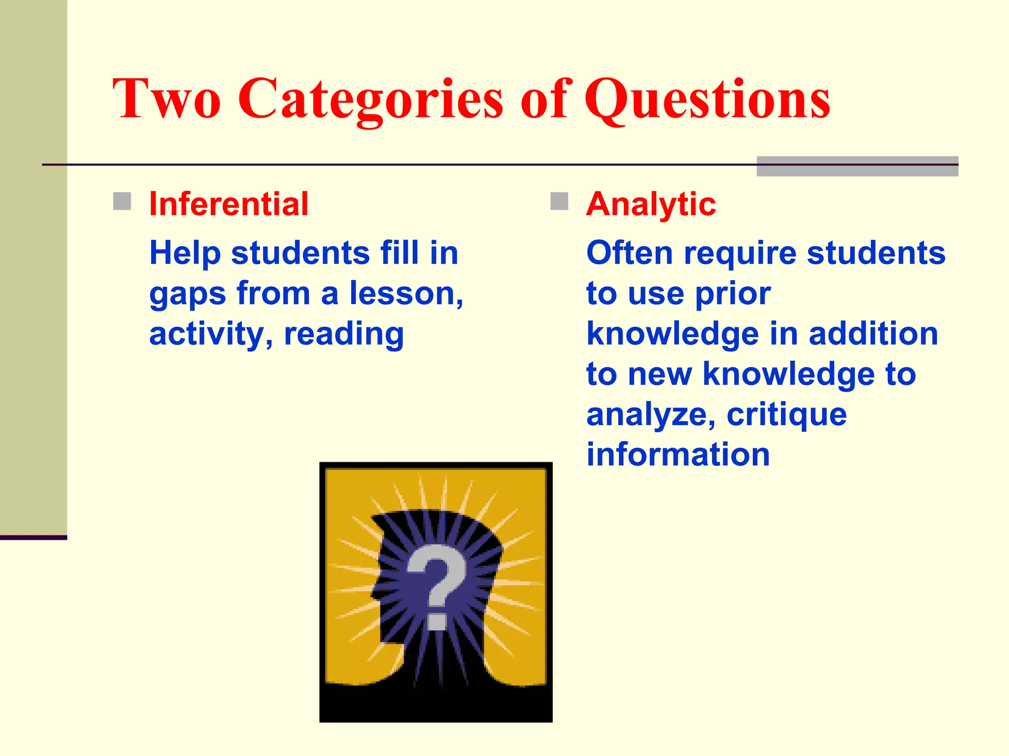 Two Categories of Questions
 Inferential              Analytic
  Help students fill in     Often require students
  gaps from a lesson,       to use prior
  activity, reading         knowledge in addition
                            to new knowledge to
                            analyze, critique
                            information
 