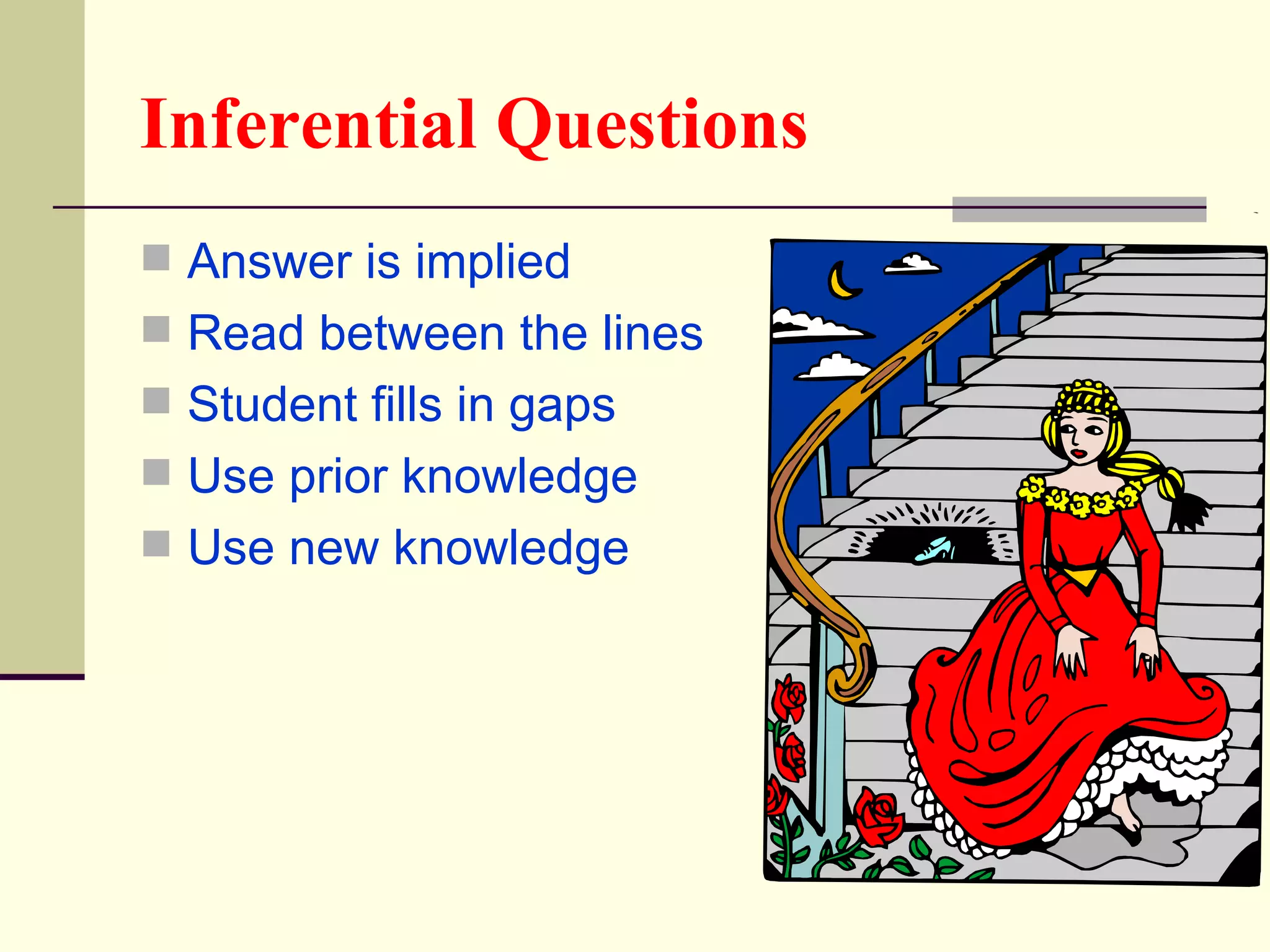 Inferential Questions
 Answer is implied
 Read between the lines
 Student fills in gaps
 Use prior knowledge
 Use new knowledge
 