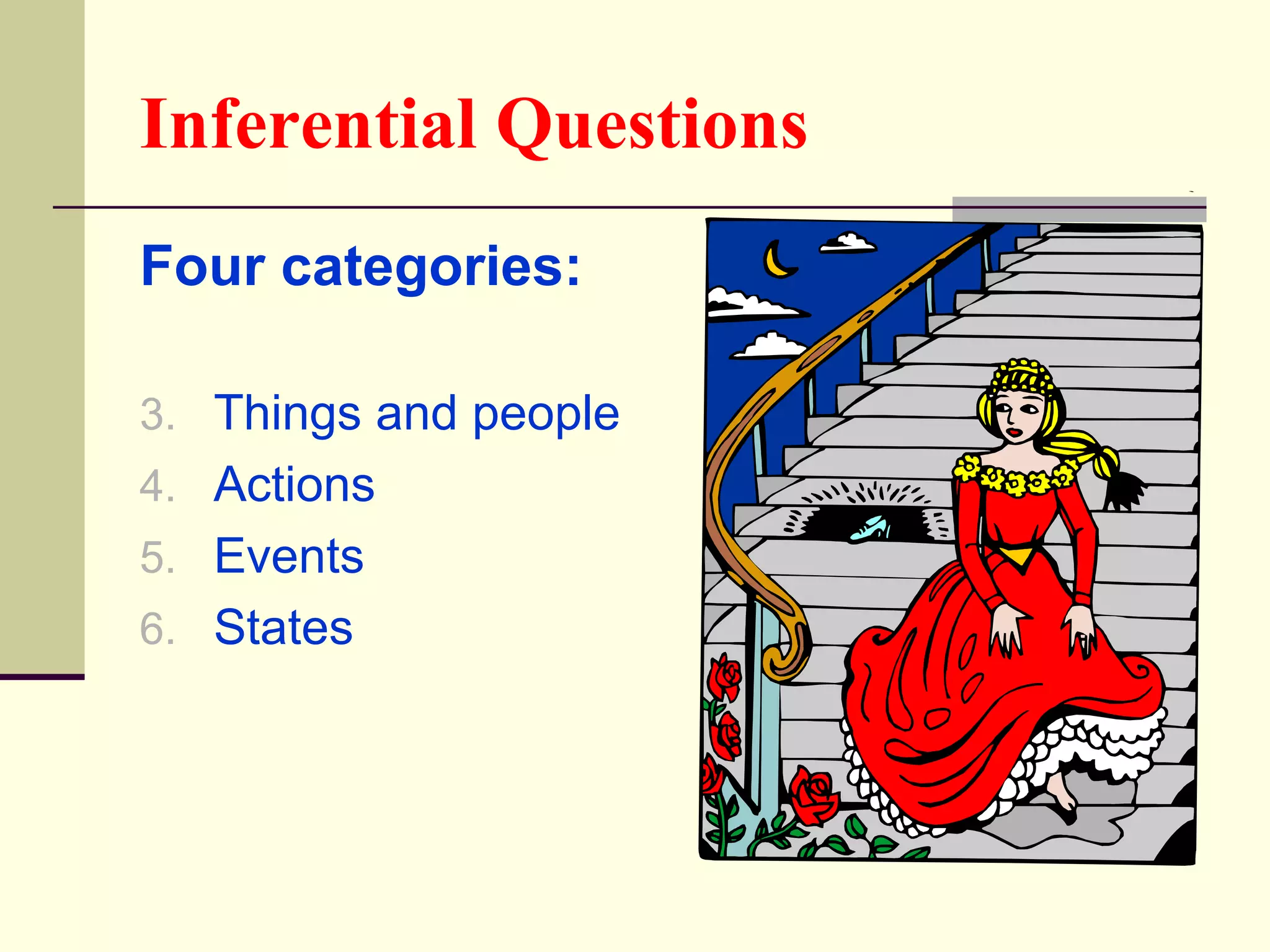 Inferential Questions
Four categories:

3. Things and people
4. Actions
5. Events
6. States
 