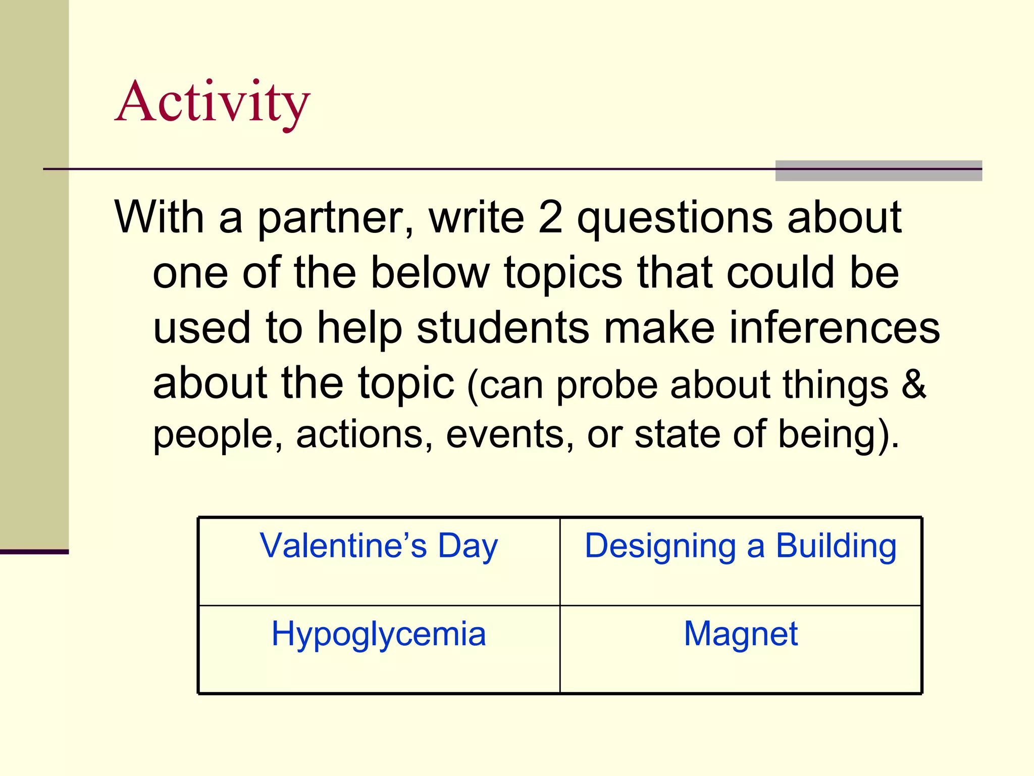 Activity
With a partner, write 2 questions about
 one of the below topics that could be
 used to help students make inferences
 about the topic (can probe about things &
 people, actions, events, or state of being).

       Valentine’s Day    Designing a Building

       Hypoglycemia             Magnet
 