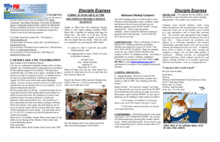 Disciple Express                                                                                          Disciple Express
ATTENTION COLLEGE BOUND STUDENTS                                 FABRIC IS AVAILABLE AT THE                              Welcome Okoboji Campers!                       THANK YOU For making sure the children, youth
The Wesley Foundations are busy preparing for the start of                                                                                                              and families at your churches know about camping
the new school year. If you are headed off to Drake            SOUTHWEST DISTRICT OFFICE                          The 2010 camping season is in full swing at Lake      opportunities. We couldn t do it without you!
University, Iowa State University, University of Northern             AGAIN!!!!!                                  Okoboji United Methodist Camp! Children, youth
Iowa or University of Iowa please contact the appropriate                                                         and families from all across the mid-west are        Camping events provide children, youth, young
Wesley Foundation Director to let them know. For more        Thanks to Myra Kail, the Southwest District          attending camping events RIGHT NOW! Got the          adults and families with an opportunity to learn, play,
information about the Wesley Foundations contact Rev.        Office is once again making available FREE           afternoon off want to sing around the                experience God's love in the outdoors, grow in faith
Textor or one of the following pastors.                      fabric that is suitable for making cloth bags for    campfire...want to spend the afternoon soaking in    in a safe atmosphere, and to reach their personal
                                                             school kits. The fabric is in 60 and 72-inch         beautiful West Lake Okoboji JUST STOP BY!            best! The activities and opportunities that campers
For Drake University contact Rev. Ted Hatten at              widths, in rolls of various lengths. It can be cut   We d love to see you!                                experience at camp will stick with them for the rest of
tlhatten@radiks.net                                          into any length that you desire. There are only                                                           their lives!    Camp provides the acceptance and
For Iowa State University contact Rev. Jim Shirbroun at      two conditions for receiving this FREE fabric:       CAMP SIGN-UPS There is still plenty of time to support of a Christian community and positive
jim@cwames.org                                                                                                    sign up for a camping experience at Okoboji.         relationships with adult leaders who truly care about
For University of Northern Iowa contact Rev. David Glenn-        It cannot be sold or used for any profit-        Families can register for events UP UNTIL THE        children and making disciples for Jesus. At Okoboji,
Burns at wesley.dave@cfu.net                                        making purpose; and                           DAY THE EVENT STARTS! There are camping              Jesus Christ is shared in song, word, worship and
For University of Iowa contact Rev. Paul Shultz at                                                                events for ALL AGES EVERY WEEK of the                example as campers live out their faith together in
                                                                 You must not fail to send a Thank You note       summer in 2010! No children at home how about a community.
paul@iowawesley.com                                                                                                                                                                   Okoboji provides an unforgettable
                                                                    to the donor company:                         grandchild, co-worker s children, neighbors?         summer experience, where campers can discover and
CARTER LAKE UMC CELEBRATION                                                       All Steel Corp.                 Contact your local church, call TOLL FREE 1-866- explore exciting activities in a carefully supervised,
                                                                              Attn: Mindi Reynolds                856-9862 or email info@okobojicamp.com for           Christian environment. Lives are changed forever!
Dear Friends of the Southwest District:
                                                                                    Highway 61                    information or to request a free camping catalog and
Last year we celebrated a Gratitude Sunday when we had a
                                                                               Muscatine, IA 52761                brochure.                                             Camp gives kids a world of good!
tangible way of thanking all the congregations in our district
for the ongoing support of our ministry. We had such a         Please tell them who you are, what church you
                                                                                                                                                                        See you soon at camp!
wonderful time, we d like to do it again. Gratitude II didn t are part of, what town you live in, and what you    CAMPING DISCOUNTS
                                                               have used the fabric for.                                                                                 Keith Shew
seem to say what we wanted to convey, so instead you are                                                          · Family discount - Receive an extra $25.00
invited to our Shared Ministry Celebration on Sunday,                                                                                                                    Director
                                                                                                                  discount for each additional family member who
August 29, 2010, at the Carter lake united Methodist           Stop by the District Office anytime Monday thru                                                           Okoboji United Methodist Camp & Retreat Center
                                                                                                                  comes to camp in 2009. Any camping event they
church. You see, in every activity we do at CLUMC we are Friday, 8:00 a.m. 4:30 p.m. and select the                                                                      21413 154th Street Place
                                                                                                                  choose!
mindful that you are sharing with us in our ministry. It is a fabric you would like to use!                                                                              Spirit Lake, IA 51360
shared connectional ministry!                                                                                     Bring a Friend - For each new camper* you bring,       Toll free: 866-856-9862
We have great plans for the day. A special worship service,                                                       we ll discount the cost of your event fee by $25.00**. 24 hr. Fax: 712-336-1822
a big church picnic (with seating indoors and outdoors) to                                                        Your friends have fun with you at camp, you save a
which you are all invited, the reception of a class of new                                                        little money, and everybody WINS! It s our way of
members (many first time professions of faith and                                                                 thanking you for helping us make camp even better!
baptisms), and a special gift for you. We would love to                                                                  * New campers are defined as not having
have representatives from your church, perhaps a Mission                                                          been to any Iowa UM Camps in the past 3 years.
Work Area attend. Once again, the only thing we ask of
                                                                                                                          ** Discounts cannot exceed the cost of your
you is to call our church and let us know about how many
                                                                                                                  event registration fees.
will be attending from your charge. You can either call us
at 712-347-5511 or email us at clrev547@netzero.net to
confirm this number.                                                                                              CAMPERSHIPS Need help paying for your camp
Please join us on Sunday, August 29th as once again we say                                                        experience? LET SOMEONE KNOW! No one has
think you for sharing in the ministry of the Carter Lake                                                          ever been turned away because they couldn t afford
United Methodist church.                                                                                          to pay. Pastors and church staff do you need a copy
                                                               July 4th Sunday school was rained out but the
Grace and peace,                                                                                                  of the campership form? Just let us know and we ll
                                                               kids enjoyed board games in the church.
Mark Heath, Pastor &The People of the Carter Lake UMC                                                             email you a copy!
 