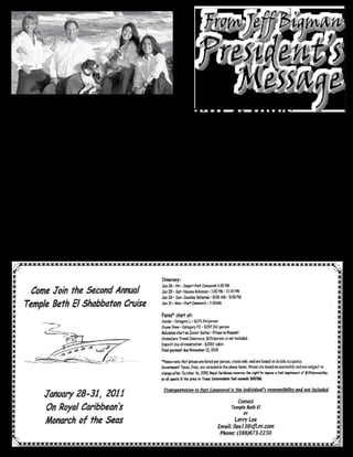 I
Summertime, Baseball & Jews
      t’s August, and that means     I published an article called        caster and writer, Howard           out the U.S. and Israel is a new
      in the Bigman household        “Baseball’s SuperJews” which         Megdal, published a book called     documentary called “Jews and
      one thing for certain –        detailed some of our brethren’s      Baseball Talmud, a great read       Baseball” at www.jewsandbase-
      either live or by DVR, the     hardball achievements includ-        on the best Jews historically       ball.com.
Yankee game will be viewed. I        ing having a record 22 Jewish        in baseball position by posi-        A young Bostonian even has a
understand thanks to Malka’s         players then in the majors.          tion. It’s a fun read on a day of   blog at jewsinbaseball.blogspot.
generosity of a gift to Rabbi of     www.Jewishmajorleaguers.org          a Yankee rain-out or during the     com, where you can not only
the MLB package that the same        lists 142 Jewish baseball play-      long off-season. On my Barnes       track current big leaguers but
tradition occurs at the Altmans.     ers throughout history through       and Noble wish list are 2 books     the good minor leaguers coming
As I write this, the All-Star        2009. Twenty-one Jewish base-        published in 2006 & 2010 by         through the system.
break has just passed and the        ball players are currently active    Burton & Benita Boxerman
Yanks are in first place, locked     including All-Stars Ian Kinsler      – a 2 volume set on Jews and         Even the Daytona Cubs on
in a fun pennant race with the       and Ryan Braun (who made the         Baseball with the 1st volume        August 1st celebrate Jewish
local Rays and the hated BoSox.      highlight diving catch in the All-   pre-1949 and the more recent        Heritage Night.
  What, pray tell, is this article   Star game), past All-Star Kevin      one 1949-2008. You can even          Enjoy the rest of your summer
doing in our Temple Bulletin?        Youkilis and Rookie of the Year      buy a set of Jewish Baseball        as we prepare for the upcoming
Well, fellow Congregants I am        candidate Ike (Issac Benjamin)       player trading cards at www.        High Holy Days. As Jewish Com-
here to remind you that we are       Davis, first baseman for the N.Y.    jewishmajorleaguers.org. Now,       poser, Albert Von Tilzer, wrote
living in the golden age of Jews     Mets.                                circulating around Jewish Festi-    102 years ago: “Take Me Out to
in Baseball. Four years ago,          Two years ago, N.Y. sports-         vals and Film Festivals through-    the Ballgame.”
 