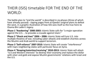 THEIR (ISIS) timetable FOR THE END OF THE
WORLD:
The battle plan to “end the world” is described in six phases (three of which
have already passed) - ripping pages from al-Qaeda’s original plans to defeat
the west, in a graphic illustration of how ISIS sees itself as the true heirs to
Osama Bin Laden's legacy.
Phase 1 “Awakening” 2000-2003: Islamic State calls for “a major operation
against the U.S. .. to provoke a crusade against Islam.”
Phase 2 “Shock and Awe” 2004 – 2006: Islamic State will lure U.S. into
multiple theatres of war, including cyber-attacks and establish charities across
the Muslim and Arab world to support terrorism.
Phase 3 “Self-reliance” 2007-2010: Islamic State will create “interference”
with Iraq’s neighboring states with particular focus on Syria.
Phase 4 “Reaping/extortion/receiving” 2010-2013: Islamic State will attack
“U.S and Western interests” to destroy their economy and replace the dollar
with silver and gold and expose Muslim governments’ relations with Israel and
the U.S.
 