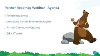 Partner Roadmap Webinar - Agenda
​:: Release Readiness
​:: Consulting Partner Innovation Awards
​:: Partner Community Updates
​:: Q&A (Team)
 