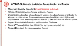 APSB17-24: Security Update for Adobe Acrobat and Reader
 Maximum Severity: Important (Ivanti Upgrade to Critical)
 Affected Products: Adobe Acrobat and Adobe Reader
 Description: Adobe has released security updates for Adobe Acrobat and Reader for
Windows and Macintosh. These updates address vulnerabilities rated Critical and
Important that could potentially allow an attacker to take control of the affected system.
 Impact: Remote Code Execution and Information Disclosure
 Fixes 67 Vulnerabilities: See APSB17-24 for the complete CVE list.
 Restart Required: Requires Application Restart
 