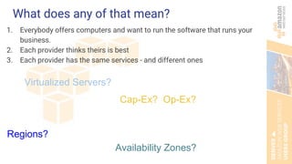 What does any of that mean?
1. Everybody offers computers and want to run the software that runs your
business.
2. Each provider thinks theirs is best
3. Each provider has the same services - and different ones
Virtualized Servers?
Availability Zones?
Regions?
Cap-Ex? Op-Ex?
 