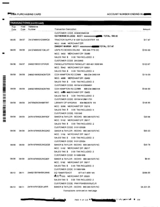-
��A PURCHASING CARD
-
-
---==-
---
-
TRANSACTIONS (continuedJ
Tran
Date
Post Reference
Date Number
08i05 08/07 24137466V01D08WQ9
08/05 08/06 24137466SHEY3KLHT
08/06 08/07 24492156SS13YVX2K
08/08 08/09 24692166W2X4GNTDR
08108 08/09 24692166W2X4GNTK6
08/08 08/09 24755426X3V498YW7
08/08 08/09 24761976W2E2NF6GF
08/08 08109 24761976W2E2NG2AD
08/08 08109 24761976W2E2NG2GB
08/08 08109 24761976W2E2NG4EF
08/10 08111 24492156YMHBK3W45
08110 08111 24761976Y2E31L4RR
JJdt
ACCOUNT NUMBER ENDING IN:...
Transaction Description
CUSTOMER CODE: AI0A8CB4AD38
KATHERINE B LEGG ACCT: u:xxxxxxxx,_ TOTAL; $65.00
TRACTOR SUPPLY# 1297 GLOUGESTER VA
MGG: 5599 MERCHANT ZIP:
DWIGHT MARSH ACCT: UXXlXXXXl
USPS PO BOXES ONLINE 800-344-7779 DC
MCC: 9402 MERCHANT ZIP: 20260
SALES TAX:$ 0 00 TAX INCLUDED: 2
TOTAL; $17.47
CUSTOMER CODE 28123892
PARACLETEPRESS PARACLET 800-451·5006 MA
MCC: 5942 MERCHANT ZIP: 02631
SALES TAX:$ 0.00 TAX INCLUDED: 0
COX HAMPTON RD COMM 800-234-3993 VA
MCC: 4899 MERCHANT ZIP; 23452
SALES TAX:$ 0.00 TAX INCLUDED: 2
CUSTOMER CODE: 0015414123924801
COX HAMPTON RD GOMM 800-234-3993 VA
MCC: 48'9°
�ERCHANT ZIP: 23452
SALES TAX:$ 0.00 TAX INCLUDED: 2
CUSTOMER GODE: 0015414126611701
LIBRARY OF VIRGINIA 804-6923578 VA
MCC: 9399 MERCHANT ZIP 23219
SALES TAX:$ 0.00 TAX INCLUDED: 0
CUSTOMER GODE; 1031243
BAKER & TAYLOR - BOOKS 800-340-5370 NG
MCC: 5192 MERCHANT ZIP 28217
SALES TAX:$ 0.00 TAX INCLUDED: 2
CUSTOMER CODE: 5101125028
BAKER & TAYLOR - BOOKS 800-340-5370 NC
MCC: 5192 MERCHANT ZIP: 28217
SALES TAX:$ 0.00 TAX INCLUDED: 2
CUSTOMER GODE: 5101125024
BAKER & TAYLOR· BOOKS 800-340-5370 NC
MCC: 5192 MERCHANT ZIP: 28217
SALES TAX:$ 0.00 TAX INCLUDED:2
CUSTOMER CODE: 5118891956
BAKER & TAYLOR - BOOKS 800-340-5370 NG
MCC: 5192 MERCHANT ZIP: 28217
SALES TAX:$ 0.00 TAX INCLUDED: 2
CUSTOMER GODE:5118891966
SQ 'SMARTSHOT 877-417-4551 VA
tlct:".17333 MERCHANT ZIP: 23320
SALES TAX:$ 0.00 TAX INCLUDED: 2
CUSTOMER CODE: YNNYP3HSSXIX5UCLR
BAKER & TAYLOR - BOOKS 800-340-5370 NG
Transactions continued on next page
Amount
$17.47
$150.00
$123 97
$114.00
$10000
$166.65
$20.94
$30.23
$30.78
$9.91
$599.00
$4,231 25
 