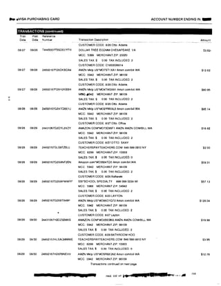 ,W9VISA PURCHASING CARD ACCOUNT NUMBER ENDING IN: -
...'N
TRANSACTIONS (continued)
Tran
Date
Post Refsrence
Date Number
08127 08128 74445007F5SDSVYFH
08/27 08/28 24692167F2XDKBDA4
08/27 08/28 24692167F2XH2KBBH
08/28 08/28 24692167G2XTQBE1J
08/28 08/29 24431067G2DYL2VZY
08/28 08/29 24492157GLSBTZBJJ
Transaction Description
CUSTOMER CODE: 8126 Otto. Adams.
DOLLAR TREE ECOMM CHESAPEAKE VA
MCC: 5399 MERCHANT ZIP: 23320
SALES TAX:$ 0.00 TAX INCLUDED: 2
CUSTOMER CODE: C1853006614
AMZN Mktp us·MO7ST1XA1 Ammcom/bill WA
MCC: 5942 MERCHANT ZIP: 98109
SALES TAX:$ 0.00 TAX INCLUDED: 2
CUSTOMER CODE: 8/26 Otto. Adams.
AMZN Mktp us·MO4TW3X81 Amzn.comlbill WA
MOO:,j;942 MERCHANT ZIP: 98109
SALES TAX:$ 0.00 TAX INCLUDED: 2
CUSTOMER CODE: 8/26 Otto. Adams
AMZN Mktp US*MO2YW03L0 Amzn.com/bill WA
MCC: 5942 MERCHANT ZIP: 98109
SALES TAX:$ 0.00 TAX INCLUDED: 2
CUSTOMER CODE: 8/27 Otto. Office
AMAZON.COM•MO73D95F1 AMZN AMZN.COM/BILL WA
MCC: 5942 MERCHANT ZIP: 98109
SALES TAX:$ 0.00 TAX INCLUDED: 2
CUSTOMER CODE: 8/27 OTTO. SKAY
TEACHERSPAYTEACHERS.COM 646-588-0910 NY
MCC: 8299 MERCHANT ZIP: 10003
SALES TAX;$ 0.00 TAX INCLUDED. o
08/28 08/29 24692167G2XANF2EN Amazon.com*MO3504TO0 Amzn com/bill WA
MCC 5942 MERCHANT ZIP: 98109
SALES TAX:$ 0.00 TAX INCLUDED: 2
CUSTOMER CODE:8/28 Batteries
08/28 08/29 24692167G2XAPWWYF ss1·scHOOL SPECIALTY 888-388-3224 WI
MCC: 5969 MERCHANT ZIP: 54942
08128 08129 24692167G2X8TX49P
..
08/29 08/30 24431067H2DZ32MXS
SALES TAX:$ 0.00 TAX INCLUDED 2
CUSTOMER CODE: 8123 LAYTON
AMZN Mktp US*MO86O1072 Ammcom/bill WA
MCC: 5942 MERCHANT ZIP: 98109
SALES TAX:$ 0.00 TAX INCLUDED: 2
CUSTOMER CODE: 8127 Layton
AMAZON.COM*MO2BE0612 AMZN AMZN.COMIBILL WA
MCC: 5942 MERCHANT ZIP: 98109
SALES TAX:$ 0.00 TAX INCLUDED: 2
CUSTOMER CODE: 8/29 BATHROOM HOO
08129 08/30 24492157HLSAQMMWE TEACHERSPAYTEACHERS.COM 646-588-0910 NY
MCC: 8299 MERCHANT ZIP: 10003
08/29 08/30 24692167H2XR5NEVV
SALES TAX:$ 0.00 TAX INCLUDED: 0
AMZN Mktp US*MO5R92QN2 Amzn com/bill WA
MCC: 5942 MERCHANT ZIP: 98109
Transactions continued on next page
PAGE 102 of....,., £ iijEL at1.Yljl',....·• 230
Amount
$3.82-
$12.62
$80.95
$95.14
$18.82
$2 00
$59.31
$57.13
$128.04
$19.98
$3.95
$12.78
 