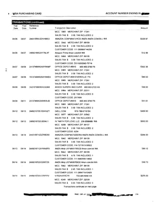 • ·,,'61SA PURCHASING CARD ACCOUNT NUMBER ENDING IN:.
TRANSACTIONS (continued)
Tran Post Rafarance
Date Date Number Transaction Description Amount- --------
MCC: 5965 MERCHANT ZIP 17241
SALES TAX.$ 0.00 TAX INCLUDED: 2
08i06 08i07 24431066V2DKH96S3 AMAZON COM*MA87J1K02 AMZN AMZN.COM/BILL WA $329.97
MCC: 5942 MERCHANT ZIP: 98109
SALES TAX:$ 0 00 TAX INCLUDED: 2
CUSTOMER CODE: 111·3609047-44258
08106 08/07 24692166S2XY79LXF Amazon Prime Amzn.com/bill WA S12.99
MCC: 5968 MERCHANT ZIP: 98109
SALES TAX:$ 0.00 TAX INCLUDED: 2
CUSTOMER CODE: 001·9263343-75714
08/07 08/09 24137466W2XAYW88P OFFICE DEPOT#5910 800-463-3788 PA $303 36
MCC: 5965 MERCHANT ZIP: 17241N
SALES TAX $ 0 00 TAX INCLUDED. 2
08i07 08/09 74137466W2XAYW8E8 OFFICE DEPOT#5910 NEWVILLE PA $66 02·
MCC: 5965 MERCHANT ZIP: 17241
SALES TAX:$ 0.00 TAX INCLUDED: 2
08i08 08/09 24210736X5SHLN3AB ASSOC SUPERV AND CURR 800-933·2723 VA $39.00
MCC: 5964 MERCHANT ZIP: 22311
SALES TAX.$ 0.00 TAX INCLUDED: 0
CUSTOMER CODE: 2517404
08/08 08/11 24137466X2XAW05J8 OFFICE DEPOT #5910 800-463-3768 PA $51.81
MCC: 5965 MERCHANT ZIP: 17241
SALES TAX:$ 0.00 TAX INCLUDED: 2
08112 08113 244921570S1B3HGZY GIELL.COM 678-799-8719 GA $469.60
MCC: 5977 MERCHANT ZIP: 30542
SALES TAX.$ 0.00 TAX INCLUDED 2
08112 08/13 2469216702XJE64L1 IN 'MATH FOR LOVE, LLC 206-2068869 WA $650.00
MCC 8299 MERCHANT ZIP: 98107
SALES TAX:$ 0.00 TAX INCLUDED: 2
CUSTOMER GODE: 6254
08/13 08/14 2443106712DZR6EA9 AMAZON.COM•Mo73ZOOW2 AMZN AMZN COM/BILL WA $264.00
MGG: 5942 MERCHANT ZIP: 98109
SALES TAX$ 0.00 TAX INCLUDED: 2
CUSTOMER CODE: 114·7271613·08922
08113 08/14 2469216712XYNNBF9 AMZN Mktp us·MA51F9QCO Amzn.com/bill WA $95.12
MCC. 5942 MERCHANT ZIP: 98109
SALES TAX:$ 4.78 TAX INCLUDED; 1
CUSTOMER CODE: 111-8480556·19602
08114 08114 2469216722XQ5KFZ6 AMZN Mktp US*MA00706DO Amzn.com/bill WA $56 70
MCC: 5942 MERCHANT ZIP: 98109
SALES TAX $ 2.85 TAX INCLUDED: 1
CUSTOMER GODE: 111·2864719-53426
08/14 08i15 244921572S1 DRP77V VIRGINIA ACTE 703-405-6094 VA $275.00
MCC: 8249 MERCHANT ZIP: 22039
SALES TAX$ 0.00 TAX INCLUDED: 0
Transactions continued on next page
PAGE 108 of m..,111•2Ii ou,.�• 1••
230
 