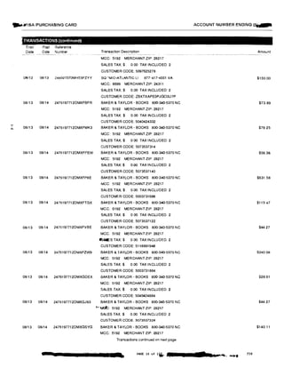 -."�ISA PURCHASING CARD
...'
N
TRANSACTIONS (contlnuedJ
Tran
Date
Post Reference
Date Number
08/12 08113 244921570MHE6FZYY
08113 08/14 2476197712DMXFBFR
08/13 08/14 2476t 97712DMXFMK3
08/13 08114 2476197712DMXFPEW
08/13 08/14 2476197712DMXFP8E
08/13 08114 2476197712DMXFTGX
08113 08/14 2476197712DMXFVBE
08/13 08/14 2476197712DMXFZW9
08/13 08/14 2476197712DMXGDEX
08/13 08/14 2476197712DMXGJ93
08113 08/14 2476197712DMXGSYG
Transaction Description
MCC: 5192 MERCHANTZIP28217
SALES TAX:$ 0 00 TAX INCLUDED 2
CUSTOMER CODE: 5097625278
SQ "MIO-ATLANTIC LI 877-417·4551 VA
MCC; 8699 MERCHANTZIP:24311
SALES TAX:$ 0,00 TAX INCLUDED 2
CUSTOMER CODE:ZBXTXAPEOPJG03U7P
BAKER & TAYLOR· BOOKS 800-340-5370 NC
MCC: 5192 MERCHANTZIP:28217
SALES TAX:$ 0.00 TAX INCLUDED: 2
CUSTOMER CODE: 5040424332
BAKER & TAYLOR - BOOKS 800-340-5370 NC
MCC: 5192 MERCHANTZIP: 28217
SALES TAX:$ 0 00 TAX INCLUDED: 2
CUSTOMER CODE: 5073537314
BAKER & TAYLOR - BOOKS 800-340-5370 NC
MCC: 5192 MERCHANT ZIP: 28217
SALES TAX:$ 0.00 TAX INCLUDED: 2
CUSTOMERCODE: 5073537140
BAKER & TAYLOR - BOOKS 800-340-5370 NC
MCC: 5192 MERCHANT ZIP: 28217
SALES TAX$ 0.00 TAX INCLUDED 2
CUSTOMER CODE: 5003731686
BAKER & TAYLOR • BOOKS 800·340-5370 NC
MCC: 5192 MERCHANT ZIP 28217
SALES TAX:$ 0 00 TAX INCLUDED: 2
CUSTOMER CODE:5073537122
BAKER & TAYLOR BOOKS 800-340-5370 NC
MCC: 5192 MERCHANT ZIP:28217
ISJMES TAX:$ 0 00 TAX INCLUDED. 2
CUSTOMER CODE: 5118891948
BAKER & TAYLOR - BOOKS 800-340-5370 NC
MCC: 5192 MERCHANT ZIP: 28217
SALES TAX:$ 0.00 TAX INCLUDED 2
CUSTOMER CODE: 50037:31884
BAKER & TAYLOR - BOOKS 800-340-5370 NC
MCC: 5192 MERCHANTZIP: 28217
SALES TAX:$ 0.00 TAX INCLUDED: 2
CUSTOMER CODE: 5040424884
BAKER & TAYLOR BOOKS 800-340-5370 NC
'"'Mob: 5192 MERCHANT ZIP: 28217
SALES TAX:$ 0.00 TAX INCLUDED 2
CUSTOMER CODE: 5073537324
BAKER & TAYLOR - BOOKS 800·340-5370 NC
MCC: 5192 MERCHANT ZIP: 28217
Tram;actions continued on next page
a JU Ii I &11... PAGE 10 of liit. ..li
ACCOUNT NUMBER ENDING f''I'
Amount
$150.00
$73.89
$79.25
$59.36
$631.58
$115 47
$44.27
$240.08
$28,61
$44.27
$140.11
230
 