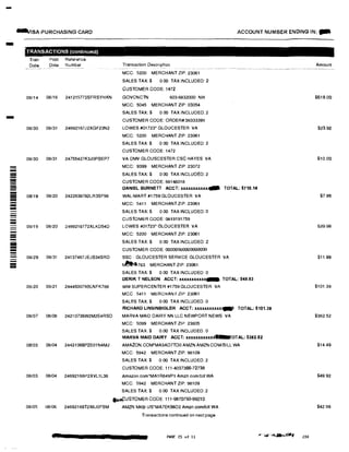 -
11119'/ISA PURCHASING CARD ACCOUNT NUMBER ENDING IN: ...
- TRANSACTIONS (continued}
Tran Post Reference
Date Date Number Transaction Description Amount
MCC: 5200 MERCHANT ZIP: 23061
SALES TAX:$ 0.00 TAX INCLUDED: 2
CUSTOMER CODE: 1472
08/14 08/16 241215773SFRSYHKN GOVCNCTN 603-6832000 NH $618 00
MCC: 5045 MERCHANT ZIP: 03054
SALES TAX:$ 0.00 TAX INCLUDED: 2
CUSTOMER CODE: ORDER#:56333391
08/30 08/31 24692167J2XGF23N2 LOWES #01723* GLOUCESTER VA $23.92
MCC: 5200 MERCHANT ZIP: 23061
SALES TAX:$ 0.00 TAX INCLUDED: 2
CUSTOMER CODE: 1472
08/30 08/31 24755427K3J0PBEP7 VA DMV GLOUSCESTER CSC HAYES VA $10.00
- MCC: 9399 MERCHANT ZIP: 23072
- SALES TAX:$ 0.00 TAX INCLUDED: 2-- CUSTOMER CODE:68146018--- DANIEL BURNETT ACCT: xxxxxxxxxxx4ia TOTAL: $710.14- 06/19 08120 2422638782LR3SF98 WAL-MART #1759 GLOUCESTER VA $7.96
- MCC: 5411 MERCHANT ZIP: 23061
- SALES TAX:$ 0 00 TAX INCLUDED: 0
- CUSTOMER GODE: 0819191759
- 08/19 08120 2469216772XLKD54D LOWES #01723* GLOUCESTER VA $29.98
- MCC: 5200 MERCHANT ZIP: 23061
-- SALES TAX:$ 0.00 TAX INCLUDED: 2
CUSTOMER CODE: 00000000000000000-- 08/29 08/31 24137467JEJB34SRD SSC - GLOUCESTER SERVICE GLOUCESTER VA $11.99
- �763 MERCHANT ZIP: 23061iiiii
SALES TAX:$ 0.00 TAX INCLUDED: 0
DERIK T NELSON ACCT: xxxxxxxxxxx- TOTAL: $49.93
08120 08/21 244450079BLNFK788 WM SUPERCENTER #1759 GLOUCESTER VA $101.38
MCC 5411 MERCHANT ZIP: 23061
SALES TAX:$ 0.00 TAX INCLUDED. 0
RICHARD LINSINBIGLER ACCT: xxxxxxxxxxx..., TOTAL: $101.38
08/07 08/08 24210738W2M2E4RSD MARVA MAID DAIRY NN LLC NEWPORT NEWS VA $362.52
MCC: 5099 MERCHANT ZIP: 23605
SALES TAX;$ 0.00 TAX INCLUDED 0
MARVA MAID DAIRY ACCT: xxxxxxxxxx:r..<P IOTAL: $362.52
06/03 08104 24431068P2E01N4MJ AMAZON COM*MA3AD7TD0 AMZNAMZN COM/BILL WA $14.49
MCC: 5942 MERCHANT ZIP: 98109
SALES TAX:$ 0.00 TAX INCLUDED: 2
CUSTOMER CODE: 111-4037366·72738
08/03 08104 24692166P2XVL1L38 Amazon.com•MA1R84VP1 Amzn.com/bill WA $49.92
MCC: 5942 MERCHANT ZIP: 98109
SALES TAX:$ 0.00 TAX INCLUDED:2
iti�USTOMER CODE 111-9870750-99210
08/05 08/06 24692168T2X6J0FSM AMZN Mktp US*MA7EK56D2 Amzn.com/bill WA $42.99
Transactions continued on next page
PAGE 23 of 11-•" •�";AJi!a+:,., 230
 