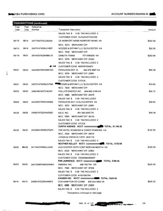 ....'
N
...VISA PURCHASING CARD ACCOUNT NUMBER ENDING IN: ...
TRANSACTIONS {continued)
Tran Post Reference
Date Date Number
08/15 08/16 2471705737XJD63XA
08i15 08i18 240731474S66J1HBR
08i19 08121 247445578G9H9ML1S
Transaction Description
SALES TAX $ 0.00 TAX INCLUDED 2
CUSTOMER CODE: OLDGOURTHOUSE
CE NEWPORT NEWS NEWPORT NEWS VA
MCC: 5074 MERCHANT ZIP;
HODGES & BRYANT LLC GLOUCESTER VA
MCC: 7629 MERCHANT ZIP:
DAMUTH TRANE 757-5580200 VA
MCC: 5074 MERCHANT ZIP: 23323
SALES TAX $ 0.00 TAX INCLUDED 2
t,f·1'4 CUSTOMER CODE: AKOP6F35A473
08/21 08/22 244356579AE5SS1QD FERGUSON ENT 10 844-872-3857 VA
MCC: 5074 MERCHANT ZIP: 23061
SALES TAX:$ 0.00 TAX INCLUDED: 2
CUSTOMER CODE:STOCK
08/21 08/23 24073147AS66JGTMA .._,DGES & BRYANT LLC GLOUCESTER VA
08/22 08/23 24801667AOT516GSP
08/22 08/23 24435657ARE5VKN8S
08128 08/28 24692167G2XVNZ69D
08122 08123 24239007AS66QFGZH
08/28 08/29 24755427HMA3LLKBS
08103 08105 24275396RS66GVNWH
08/14 08/15 2469216722XNV9WFD
MCC: 7829 MERCHANT ZIP:
PHILLIPS ENERGY INC 804-842·2166 VA
MCC: 5983 MERCHANT ZIP: 23072
SALES TAX:$ 0 00 TAX INCLUDED:
FERGUSON ENT 10 GLOUCESTER VA
MCC: 5074 MERCHANT ZIP: 23061
SALES TAX:$ 0.00 TAX INCLUDED 2
KELE, INC 901-382-4300TN
MCC: 5065 MERCHANT ZIP: 38133
SALES TAX:$ 0 00 TAXINCLUDED: 2
CUSTOMER CODE: STOCK
CURTIS HUGHES ACCT: xxxxxxxxxxxJIIIII TOTAL: $1,145.36
THE HOTEL ROANOKE & CONFE ROANOKE VA
MCC: 3504 MERCHANT ZIP: 24016
LODGING CHECK-IN DATE. 08/21/19
SALES TAX:$ 0 00 TAX INCLUDED: 0
HEATHER KELLEY ACCT: .11:xxxxxxxxxxx- TOTAL: $132.56
UVA COOPER CNTR CONF WE8434-9825714 VA
MCC: 8220 MERCHANT ZIP: 22903
SALES TAX:$ 0.00 TAX INCLUDED: 0
CUSTOMER CODE: 725082900300007
KIM LAWRENCE ACCT: xxxxxxxxxxx- TOTAL: $185.00
SMARSH, INC. 866-7627741 OR
MCC: 7399 MERCHANT ZIP: 97204
SALES TAX:$ 0.00 TAX INCLUDED: 2
CUSTOMER CODE: 41501093764
SMARSH INC. ACCT: xxxxxxxxxxx:,.._ TOTAL; 5425.00
COXHAMPTON RD COMM 800-234-3993 VA
MCC: 4899 MERCHANT ZIP 23452
SALES TAX:$ 0.00 TAX INCLUDED 2
Transactions continued on next page
Amount
$252.58
$32.00
$202 94
$88,39
$19.95
$30.72
$39.65
$46.34
$132.56
$185.00
$425.00
$830.32
 