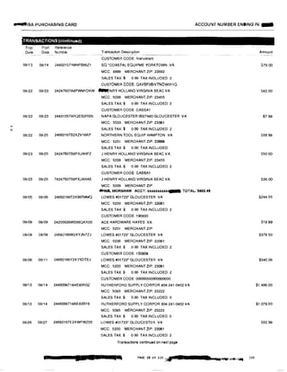 ,...'
N
.....ISA PURCHASING CARD
TRANSACTIONS (continued)
Tran
Date
Post Reference
Date Number
08/13 08/14 244921571MHFB66Z1
Transaction Description ---
CUSTOMER CODE: fitehydrant
SQ 'COASTAL EQUIPME YORKTOWN VA
MCC 8999 MERCHANT ZIP: 23692
SALES TAX:$ 0 00 TAX INCLUDED 2
CUSTOMER CODE: QAVSF0BIVTNOW011Q
08122 08/23 24247607A8PWM1DKW illM:NRY HOLLAND VIRGINIA BEAC VA
08/22 08/23 24431057ARQEB2RSN
08/22 08125 24692167B2XZV16KP
08/23 08/25 24247607B8PXJAHFZ
MCC: 5039 MERCHANT ZIP: 23455
SALES TAX $ 0 00 TAX INCLUDED: 2
CUSTOMER CODE: CASSA1
NAPA GLOUCESTER 0027480 GLOUCESTER VA
MCC: 5533 MERCHANT ZIP: 23061
SALES TAX:$ 0.00 TAX INCLUDED: 2
NORTHERN TOOL EQUIP HAMPTON VA
MCC: 5251 MERCHANT ZIP: 23666
SALES TAX $ 0.00 TAX INCLUDED.
J HENRY HOLLAND VIRGINIA BEAC VA
MCC: 5039 MERCHANT ZIP: 23455
SALES TAX $ 0 00 TAX INCLUDED 2
CUSTOMER CODE: CASSAt
08/23 08125 74247607B8PXJAHAE J HENRY HOLLAND VIRGINIA BEAC VA
MCC: 5039 MERCHANT ZIP:
ACCOUNT NUMBER ENDING IN: -
Amount
$79.00
S42.00
$7.98
S59.98
S50.00
S36.00-
...Al:A. WORSHAM ACCT: xxuxuux� TOTAL: $602.45
08/05 08106 24692166T2X99TMMQ LOWES #01723' GLOUCESTER VA
MCC: 5200 MERCHANT ZIP: 23061
08/08 08109 24205636WS66QKK00
08/08 08109 24692166W2XYJN7ZJ
08109 08111 24692166Y2XY5DTEJ
08/13 08/14 2449398718AE80R0Z
08113 08/14 2449398718AE80R16
08/26 08/27 24692167E2XWFWZ05
SALES TAX:$ 0 00 TAX INCLUDED 2
CUSTOMER CODE: 190830
ACE HARDWARE HAYES VA
MCC: 5251 MERCHANT ZIP:
LOWES #01723* GLOUCESTER VA
MCC 5200 MERCHANT ZIP: 23061
SALES TAX:$ 0 00 TAX INCLUDED: 2
CUSTOMER CODE: 190808
LOWES #01723• GLOUCESTER VA
MCC: 5200 MERCHANT ZIP: 23061
SALES TAX:$ 0.00 TAX INCLUDED: 2
CUSTOMER CODE: 00000000000000000
RUTHERFORD SUPPLY CORPOR 804·241-0402 VA
MCC: 5085 MERCHANT ZIP: 23222
SALES TAX.$ 0.00 TAX INCLUDED: 0
RUTHERFORD SUPPLY CORPOR 804-241-0402 VA
MCC: 5085 MERCHANT ZIP: 23222
SALES TAX $ 0.00 TAX INCLUDED: 0
LOWES #01723' GLOUCESTER VA
MCC: 5200 MERCHANT ZIP: 23061
SALES TAX $ 0.00 TAX INCLUDED: 2
Transactions continued on next page
6 I !CCI 4 L PAGE 28 of 113 ,.,.. Si
$244.55
$379.50
$340.06
$1,496.00
$1.079.00
$32.98
 