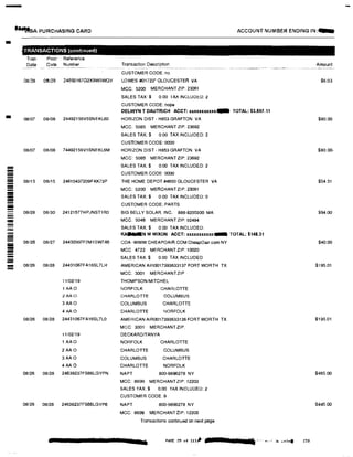 -
·�SA PURCHASING CARD ACCOUNT NUMBER ENDING IN:-
- TRANSACTIONS (continued►
Tran Post Reference
Date Date Number Transaction Description Amount
--- �-------···---- ... ----·-------·
CUSTOMER CODE: no
08/28 08129 24692167G2X9W5WGY LOWES #01723* GLOUCESTER VA $6 03
MCC: 5200 MERCHANT ZIP 23061
SALES TAX:$ 0.00 TAX INCLUDED: 2
CUSTOMER CODE: nope
DELWYN T DAUTRICH ACCT: llllXXlUUlXXXX.... TOTAL: $3,597.11
- 08107 08/08 24492156V5SNEKL60 HORIZON DIST - H853 GRAFTON VA $80.00
MCC: 5085 MERCHANT ZIP: 23692
SALES TAX:$ 0.00 TAX INCLUDED: 2
CUSTOMER CODE: 0000
08/07 08/08 74492156V5SNEKL6M HORIZON DIST - H853 GRAFTON VA $80.00-
MCC: 5085 MERCHANT ZIP: 23692
= SALES TAX;$ 0.00 TAX INCLUDED: 2
- CUSTOMER CODE: 0000---= 08/13 08/15 24610437209FKK73P THE HOME DEPOT #4650 GLOUCESTER VA $54.31-= MCC: 5200 MERCHANT ZIP: 23081--- SALES TAX:$ 0.00 TAX INCLUDED: 0-- CUSTOMER CODE: PARTS
- 08/28 08/30 24121577HPJNST1RO BIG BELLY SOLAR, INC. 888-8200000 MA $94.00
!!!!!! MCC: 5046 MERCHANT ZIP: 02494
- SALES TAX:$ 0.00 TAX INCLUDED:
- l(A■-N M MIXON ACCT: xxxxxxxxux... TOTAL: $148.31
-- 08/26 08/27 24430997F2M1BW7A5 COA-WWW.CHEAPOAIACOM CheapOair.com NY $40.00
MCC 4722 MERCHANT ZIP: 10020-- SALES TAX:$ 0.00 TAX INCLUDED
- 08/26 08/28 24431067FA16SL7LH AMERICAN AIR0017393633137 FORT WORTH TX $195.01
MCC: 3001 MERCHANTZIP
11/02119 THOMPSON/MITCHEL
1 AA O NORFOLK CHARLOTTE
2AAO CHARLOTTE COLUMBUS
3 AA O COLUMBUS CHARLOTTE
4 AA O CHARLOTTE NORFOLK
08126 08/28 24431067FA16SL7L0 AMERICAN AIR0017393633136 FORT WORTH TX $195 01
MCC 3001 MERCHANT ZIP
11/02/19 DECKARD/TANYA
1 AAO NORFOLK CHARLOTTE
2 AA O CHARLOTTE COLUMBUS
SAA O COLUMBUS CHARLOTTE
4 AAO CHARLOTTE NORFOLK
08/26 08/28 24639237FS66LGYPN NAPT 800-9896278 NY $465.00
MCC: 8699 MERCHANTZIP: 12203
SALES TAX,$ 0.00 TAX INCLUDED: 2
CUSTOMER CODE: 9
08126 08/28 24639237FS66LGYP6 NAPT 800-9896278 NY $445.00
MCC: 8699 MERCHANT ZIP: 12203
Transactions continued on next page
PAGE 29 of 113/r· _.;,s,;,.t·
· �- ·�;,'.$,S.... 230
 