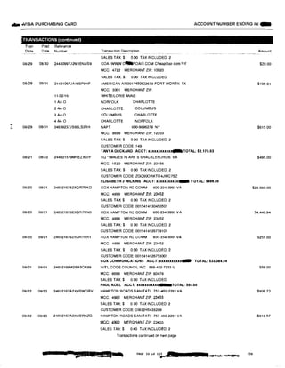 ... •VISA PURCHASING CARD ACCOUNT NUMBER ENDING IN: -
TRANSACTIONS (continued►
Tran
Date
Post Reference
Date Number
08129 08/30 24430997J2M1ENNS9
08/29 08/31 24431067JA16SP6HF
11i02/19
1 AAO
2 AA O
3AA O
4 AA O
08129 08/31 24639237JS66LS3RH
08/21 08122 244921579MHEZX07F
08120 08/21 2469216782XQR7RKD
08/20 08121 2469216782XQR7RN0
08120 08121 2469216782XQR7RR1
08/01 08101 24692166M2XA5OK99
Transaction Description
SALES TAX:$ 0.00 TAX INCLUDED. 2
COA -WWW �POAIRCOM CheapOaircom NY
MCC: 4722 MERCHANT ZIP: 10020
SALES TAX:$ 0 00 TAX INCLUDED
AMERICAN AIR0017450832678 FORT WORTH TX
MCC: 3001 MERCHANT ZIP:
WHITE/LORIE ANNE
NORFOLK CHARLOTTE
CHARLOTTE COLUMBUS
COLUMBUS
CHARLOTTE
CHARLOTTE
NORFOLK
NAPT 800-9896278 NY
MCC: 8699 MERCHANT ZIP: 12203
SALES TAX:$ 0.00 TAX INCLUDED: 2
CUSTOMER CODE: 149
TANYA DECKARD ACCT: xxxxxxxxxxxx-TOTAL: $2,170.03
SQ *IMAGES IN ART S SHACKLEFORDS VA
MCC: 1520 MERCHANT ZIP: 23156
SALES TAX:$ 0.00 TAX INCLUDED 2
CUSTOMER CODE: ZGQ60ORKTO4JWC7SZ
ELISABETH J WILKINS ACCT: xxxxxxxxxxx- TOTAL: $495.00
COX HAMPTON RD COMM 800-234-3993 VA
MGG: 4899 MERCHANT ZIP: 23452
SALES TAX:$ 0.00 TAX INCLUDED 2
CUSTOMER CODE: 0015414130450501
COX HAMPTON RD COMM 800-234-3993 VA
MGC: 4899 MERCHANT ZIP: 23452
SALES TAX:$ 0 00 TAX INCLUDED: 2
CUSTOMER CODE: 0015414126778101
COX HAMPTON RD COMM 800-234-3993 VA
MCC: 4899 MERCHANT ZIP: 23452
SALES TAX:$ 0.00 TAX INCLUDED 2
CUSTOMER CODE: 0015414126753001
COX COMMUNICATIONS ACCT: xxxxxxxxxxx- TOTAL: $33,384.94
INT'L CODE COUNCIL INC SSS-422-7233 IL
MCC: 8699 MERCHANT ZIP: 60478
SALES TAX:$ 0.00 TAX INCLUDED
PAUL KOLL ACCT: xxxxxxxxxxx�TOTAL: $56.00
08/22 08/23 24692167A2XNSWQRV HAMPTON ROADS SANITATI 757·460-2261 VA
MCG 4900 MERCHANT ZIP: 23455
08/22 08/23 24692167A2XNSW4ZG
SALES TAX:$ 0 00 TAX INCLUDED 2
CUSTOMER CODE: D9122H5435289
HAMPTON ROADS SANITATI 757·460-2261 VA
MGG: 4900 MERGHANT ZIP: Z34oo
SALES TAX:$ 0.00 TAX INCLUDED: 2
Transactions continued on next page
a a ,a:aam: "
Amount
$20.00
$195 01
$615.00
$495.00
$28,680.00
$4,449.94
$255 00
$56.00
$806.73
$818.57
2:50
 