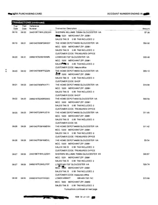...I
N
...'4.SA PURCHASING CARD
TRANSACTIONS (continued►
Tran Post Relerence
Date Date Number Transaction Description
··-·---- . ·--··-·····�··--·-·------
08119 08120 244310677WHL2GQVH
08/19 08/21 24610437809FGWX3Y
08120 08121 2469216782X916KMN
08120 08122 24610437909FPQQA4
08/21 08/23 24610437A09FKH7F1
08/22 08/25 24692167B2X5RSXK0
08/23 08125 24610437Q09FKJE19
08/26 08/28 24610437F09FKMERH
08126 08/28 24610437F09FKMEVL
08/27 08i28 24431067FWHL2JGH1
08127 08/28 24692167F2XKEJY5P
08129 08/30 24692167H2XPKH221
SHERWIN WILLIAMS 705364 GLOUCESTER VA
... 5231 MERCHANT ZIP: 23061
SALES TAX:$ 0.00 TAX INCLUDED: 2
THE HOME DEPOT #4650 GLOUCESTER VA
MCC: 5200 MERCHANT ZIP: 23061
SALES TAX:$ 0.00 TAX INCLUDED: 0
CUSTOMER CODE: TREASURES OFFICE
LOWES #01723* GLOUCESTER VA
MCC: 5200 MERCHANT ZIP: 23061
SALE� $ 0.00 TAX INCLUDED: 2
CUSTOMER CODE: tresure office
THE HOME DEPOT #4650 GLOUCESTER VA
�: 5200 MERCHANT ZIP: 23061
SALES TAX $ 0.00 TAX INCLUDED: 0
CUSTOMER CODE: SHOP
THE HOME DEPOT #4650 GLOUCESTER VA
MCC: 5200 MERCHANT ZIP: 23061
SALES TAX $ 0.00 TAX INCLUDED: 0
CUSTOMER CODE: SHOP
THE HOME DEPOT4650 GLOUCESTER VA
MCC: 5200 MERCHANT ZIP: 23061
SALES TAX:$ 0.00 TAX INCLUDED: 2
CUSTOMER CODE: TREASURES OFFICE
THE HOME DEPOT #4650 GLOUCESTER VA
MCC: 5200 MERCHANT ZIP: 23061
SALES TAX:$ 0.00 TAX INCLUDED; 0
CUSTOMER CODE:SS
THE HOME DEPOT #4650 GLOUCESTER VA
MCC: 5200 MERCHANT ZIP: 23061
SALES TAX: $ 0 00 TAX INCLUDED: O
CUSTOMER CODE: TREASURES OFFICE
THE HOME DEPOT #4650 GLOUCESTER VA
MCC: 5200 MERCHANT ZIP 23061
SALES TAX:$ 0 00 TAX INCLUDED: 0
CUSTOMER CODE: TREASURES OFFICE
SHERWIN WILLIAMS 705364 GLOUCESTER VA
MCC: 5231 MERCHANT ZIP: 23061
SALES TAX.$ 0.00 TAX INCLUDED: 2
LOWES #01723• GLOUCESTER VA
Mct"�oo MERCHANT ZIP: 23061
SALES TAX:$ 0 00 TAX INCLUDED 2
CUSTOMER CODE: treasurers office
LOWES #00907* 868-483-7521 NC
MCC: 5200 MERCHANT ZIP: 28659
SALES TAX $ 0.00 TAX INCLUDED: 2
Transactions continued on next page
di WM&&& 11a. PAGE 32 of 113
J[
ACCOUNT NUMBER ENDING IN:-
Amount
$7.39
S58 90
$33.46
$55.10
$19.98
$93.59
$11.95
511.42
$3.54
540.67
S29.74
$70.68
 
